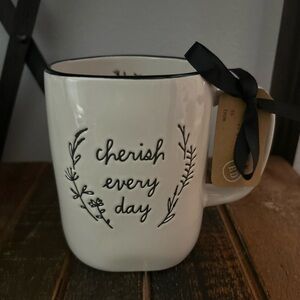 Rae Dunn Black And White CHERISH EVERY DAY Mug With Floral Detail Farmhouse NEW